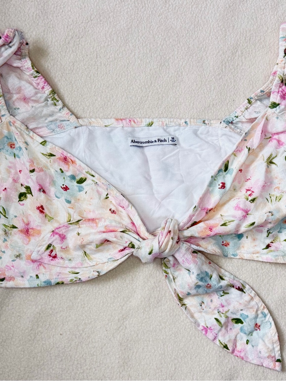 Abercrombie & Fitch Floral Linen Blend Tie Front Crop Top Size M Puff Sleeve
